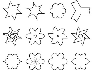 Obraz premium Black outline geometric star and flower shapes set, minimalist vector icon collection, linear graphic design elements