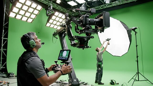 Filming in a professional studio with a green screen and camera crane.