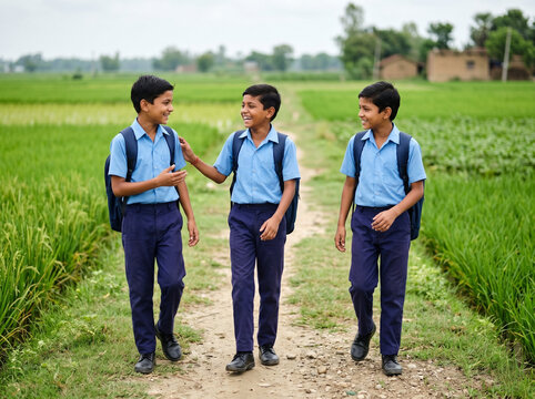 rural indian schoolboys walking through agricultural farm pathway for education literacy child development and ngo campaign concept