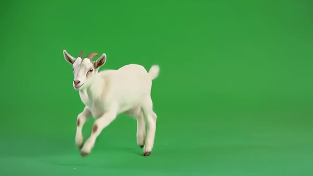 A young white goat with small horns running and prancing on a green screen background.