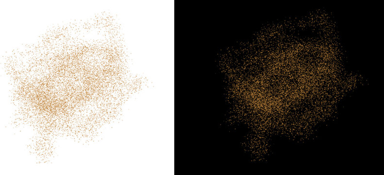 Golden glitter dust explosion on black and white backgrounds, sparkling sand particles texture, shimmering metallic powder spray for luxury design