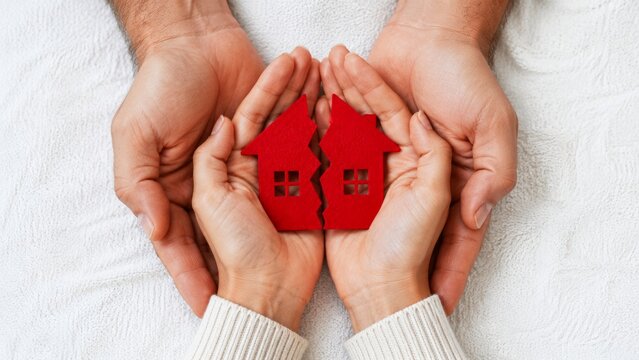 A symbolic representation of a broken home, with two hands holding a split red house figurine, indicating issues in relationships or separation.