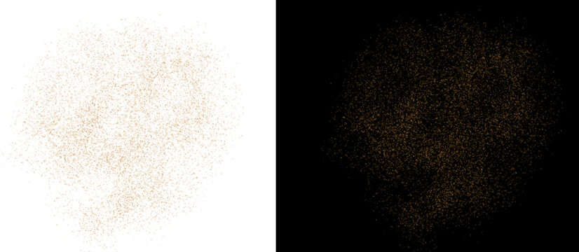 Golden glitter dust explosion on white and black background, shimmering metallic sand particles, luxury gold powder spray texture for festive design