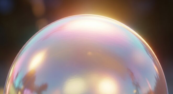 Close-up of a large, iridescent soap bubble with beautiful reflections and colors.