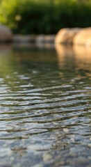 Fototapeta premium Close-up of Rippling Water Surface with Blurred Rocks and Greenery in Background.