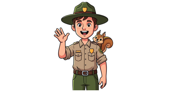 Friendly Park Ranger Waving Hello with Squirrel Companion on Shoulder
