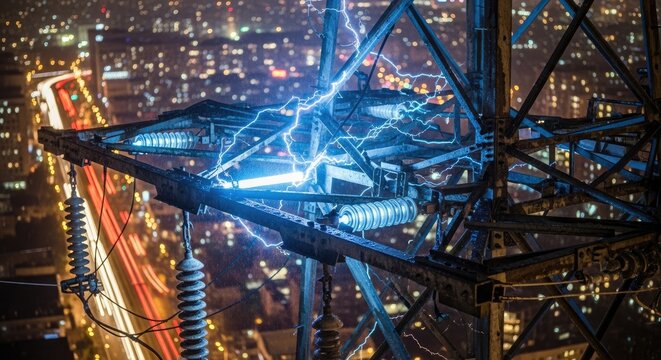 Electrical Power Transmission Tower at Night.