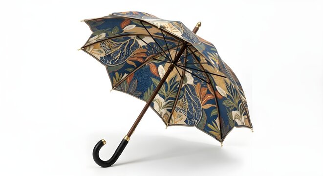Artistic vintage parasol with colorful tribal paintings and wooden handle