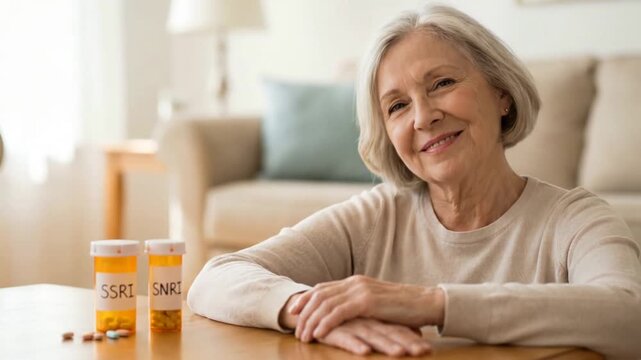 A serene senior woman sits beside two pill bottles labeled SSRI and SNRI, suggesting calm, relief and medication management for mental health, depression treatment and self-care at home.