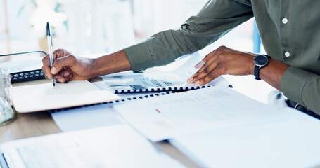Documents, writing and hands of businessman in office with annual finance report for planning....