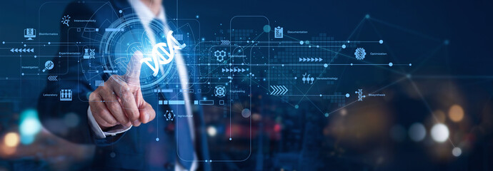 Obraz premium Biotechnology innovates health and nature solutions. A research scientist hand touch Biotechnology icon to edit DNA. This biological network lab is a complex scientific development concept.