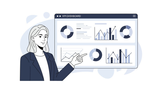 Business analyst presenting KPI dashboard with charts and graphs