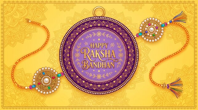 Happy Raksha Bandhan Vector Greeting Card, Indian Traditional Festival Poster Design with Golden Rakhis and Mandalas on Yellow Background