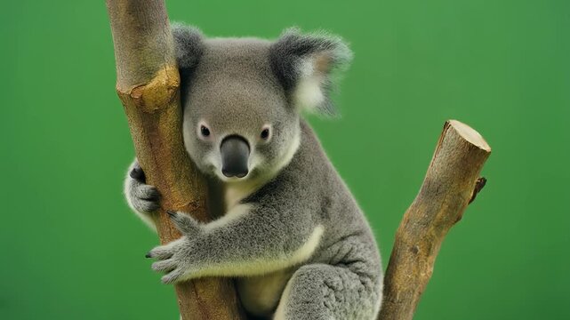 A cute koala bear with grey fur and a black nose clinging to a tree branch against a vibrant green background.