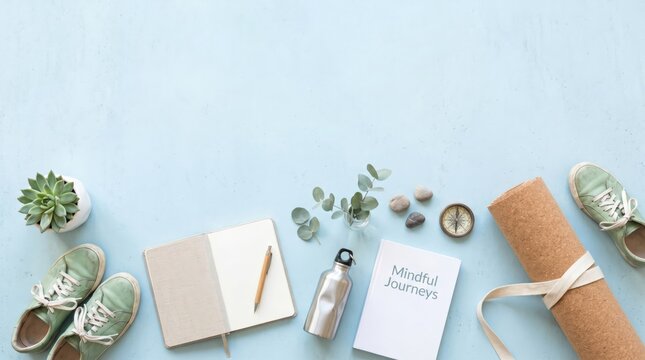 Mindful Living Concept with Yoga Mat and Journal on Light Blue Background for Wellness and Self Care Planning Flat Lay Photography