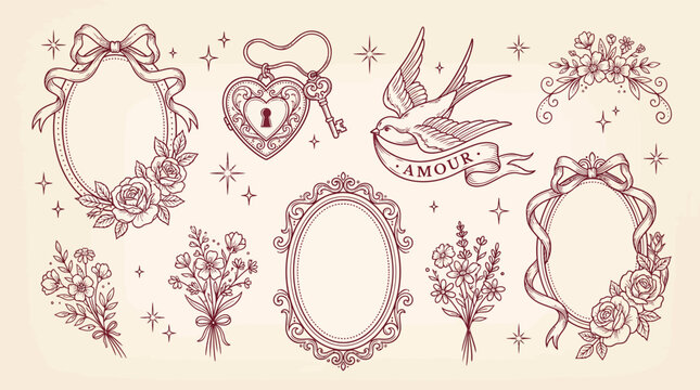 Collection of vintage line art illustrations featuring ornate oval frames with roses, heart lockets and swallow birds, illustrating romantic wedding graphics and symbolizing classic beauty