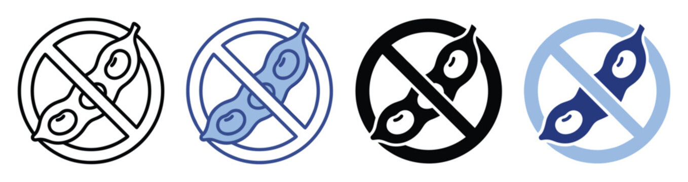 No beans icon set. Soy free symbol, food allergen restriction, healthy diet, legume intolerance, packaging warning, nutrition label pictogram, allergy sign.