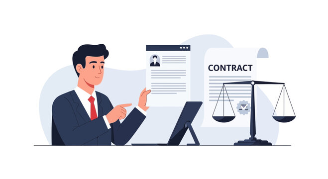 Business Professional Reviewing Contractual Agreement with Scales of Justice and Tablet