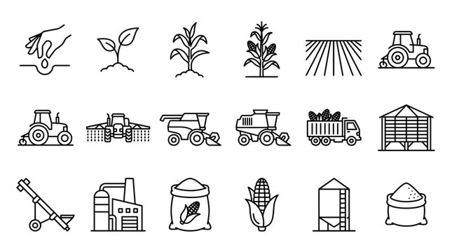 Set of black line icons depicting corn farming process from seeding to industrial processing, illustrating modern agricultural management and covering sustainable crop production