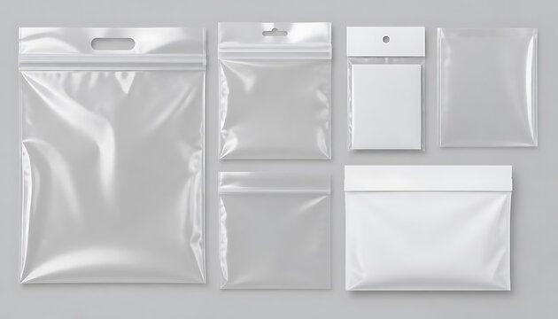 Set mockup kantong plastik dengan kantong ziplock transparan dan kemasan vinil. Kantong zip bening yang realistis dengan penutup yang dapat ditutup kembali, pegangan, dan amplop tertutup kosong untuk 