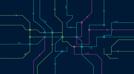 Obraz premium Colorful digital circuit grid with connecting lines and circular nodes on dark blue background, illustrating complex data networks and symbolizing efficient urban transit navigation