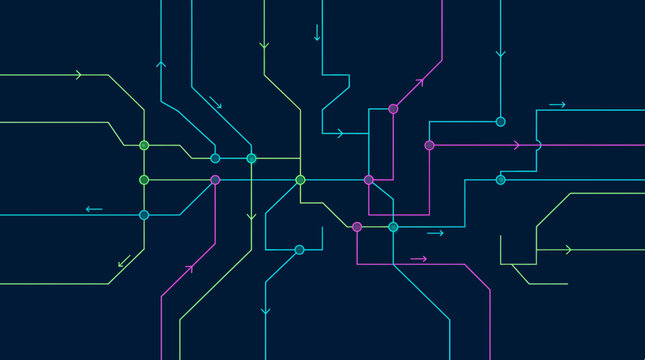 Colorful digital circuit grid with connecting lines and circular nodes on dark blue background, illustrating complex data networks and symbolizing efficient urban transit navigation