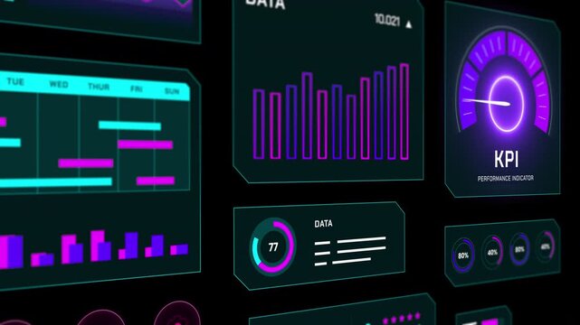 Seamless blue data grid animation featuring KPI metrics for high tech business background overlays.