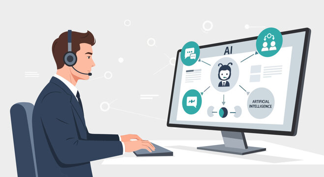 AI technology service, man with headset using computer and AI bot interface