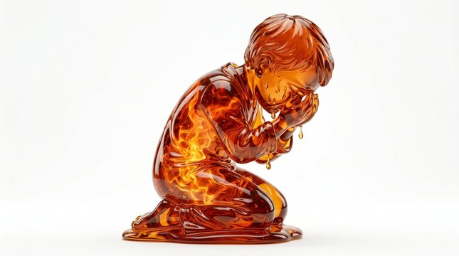 Amber glass sculpture of a crying boy, translucent honey colored figurine of a weeping child, artistic glass statue on white background