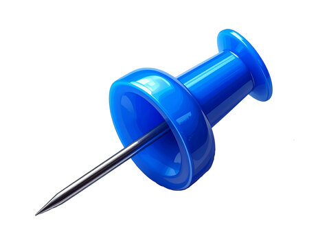 Blue Thumbtack Lying Sideways with Metallic Needle Detail, angled perspective isolated