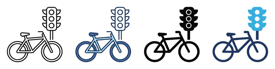 Fototapeta premium Set of bicycle and traffic light icons. Bike signal, road cycling symbol, urban city transportation pictogram for street safety.