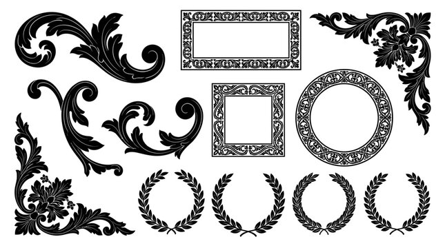 Vintage baroque ornamental design elements featuring floral frames, decorative corner scrolls and classic laurel wreaths on white, providing elegant assets and symbolizing luxury branding