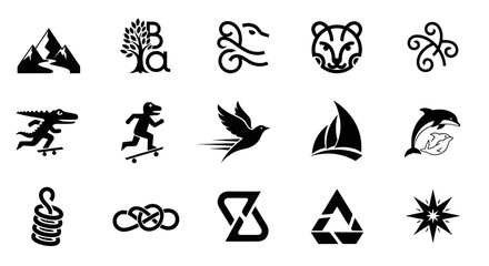 Fototapeta premium Collection of Diverse Black and White Icons: Nature, Animals, Sports, Business, and Abstract Symbols