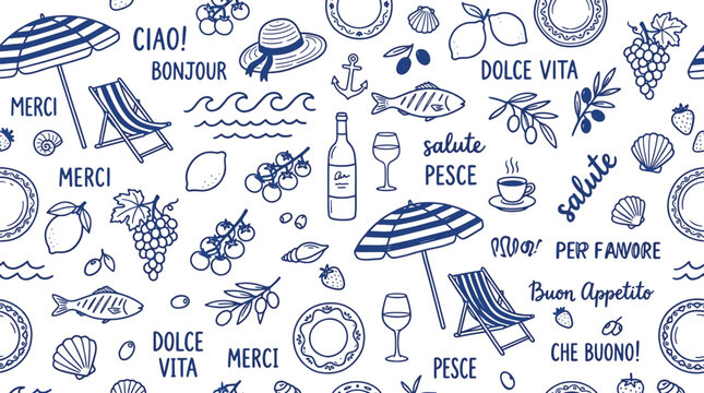 Seamless Mediterranean summer pattern with Italian and French phrases beach icons food elements wine and vacation doodles vector illustration