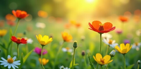 Fototapeta premium Vibrant wildflowers bloom in summer meadow, soft focus , rural, photography
