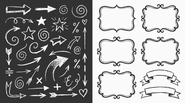 Collection of hand drawn chalk arrows and vintage ornate frames with banners on blackboard and white backgrounds, symbolizing creative graphic design and representing marketing presentation