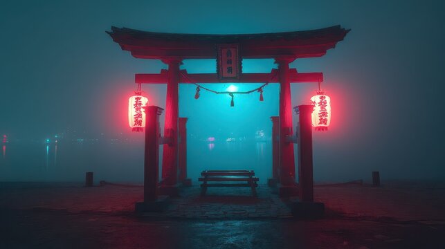 Red torii gate at night with blue lights glowing