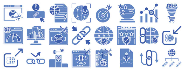 Fototapeta premium SEO optimization and backlink. Duotone icon including seo, website, analytics, backlink, link building, web security, website optimization, website performance, content marketing, business
