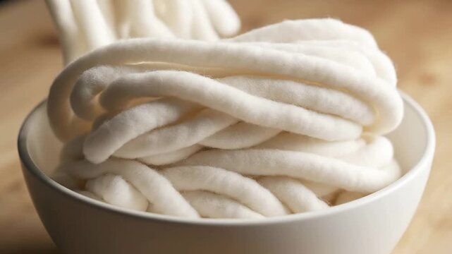 Close-Up View of Soft Fluffy White Noodles Being Dropped Into a Clean White Bowl in a Kitchen Setting