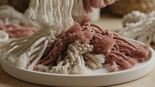 Close-Up View Of Soft Colored Tassels Falling Elegantly On A Smooth White Surface Ideal For Textile Design And Interior Decor