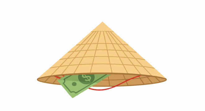 Traditional Asian Conical Hat Holding Green Currency Note.