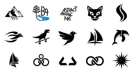 Fototapeta premium Collection of diverse black vector icons: animals, nature, abstract, symbols, transport