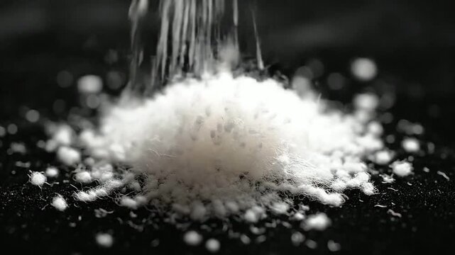 Close-Up View of White Salt Being Poured Onto a Pile on a Smooth Black Background Highlighting the Textures of the Salt