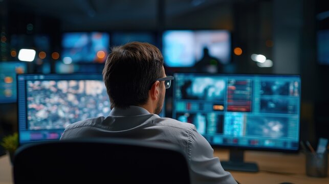 Man sitting in front of multiple computer screens