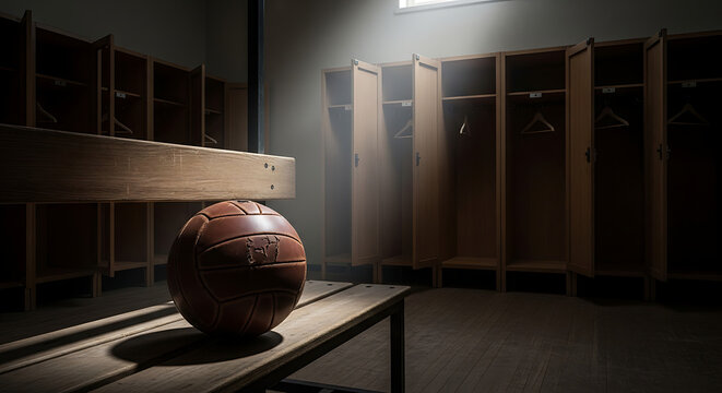Vintage Soccer Ball on Wooden Bench in Empty Locker Room with Dramatic Lighting