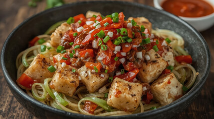 Fototapeta premium Pan seared tofu noodle bowl with chili sauce and scallion garnish