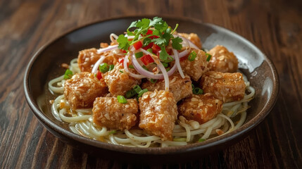 Fototapeta premium Crispy sesame tofu cubes on noodles with chili onion cilantro garnish