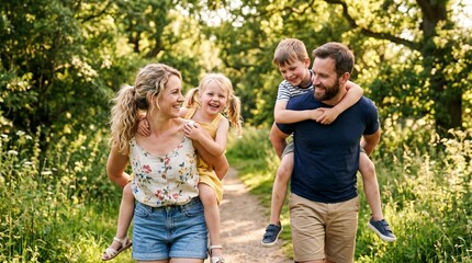 Fototapeta premium Happy family of four walking and hugging in sunny countryside meadow with wildflowers