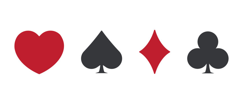 Isolated gambling icons set featuring red heart, black spade, club, and diamond symbols representing casino cards and betting entertainment