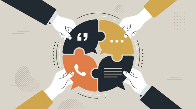 Four hands assembling a circular puzzle of speech bubbles with communication icons representing teamwork collaboration business strategy marketing vector illustration